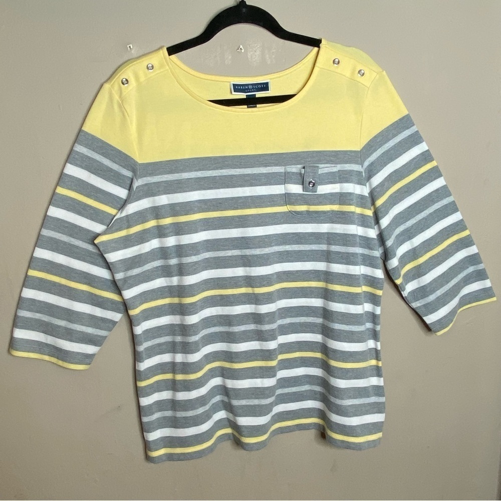 Karen Scott Sport Women’s 3/4 Sleeve Top Yellow Gray Stripes Size 1X